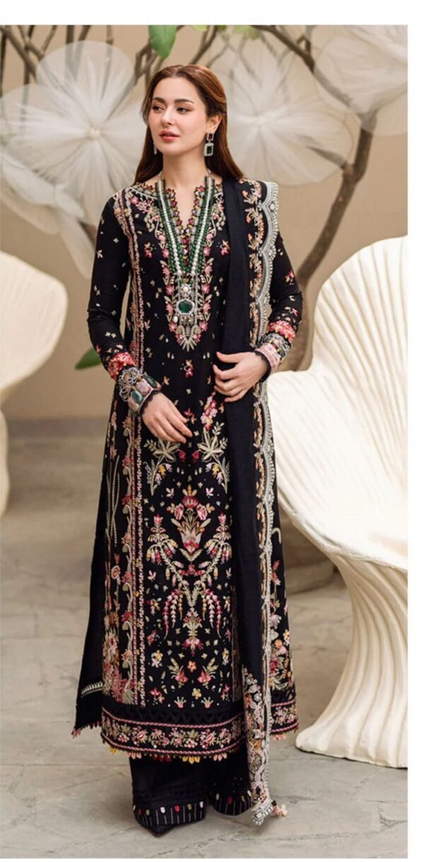 black embroidered lawn 3pc suit qalamkar inspired pakistan